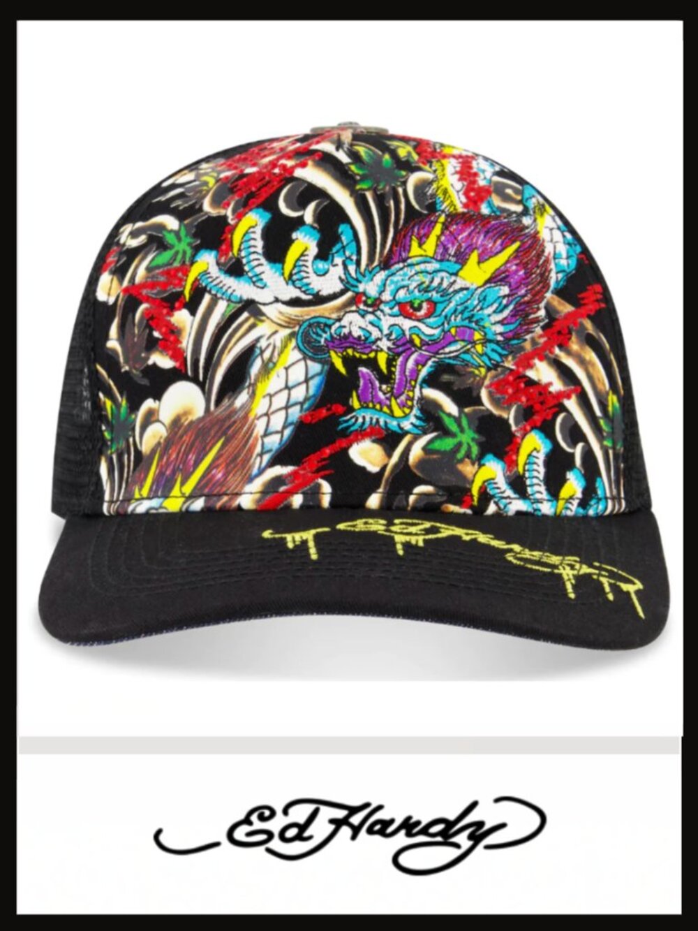 Ed Hardy Rhinestone Dragon Trucker Hat Black / Studs NWT